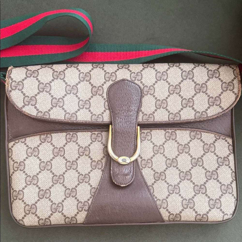 💚♥️Gucci Envelope Crossbody Bag with Brown Leather and Green-Red Web Strap - Picture 2 of 16